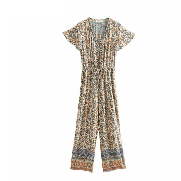 Boho gypsy Red floral v neck wide leg jumpsuit - Picture 3 of 9